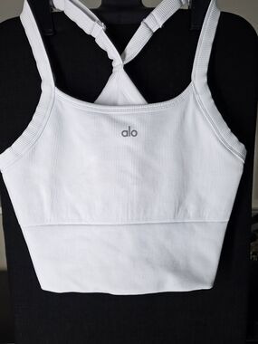 ALO Yoga White Ribbed Cross-Back Crop Camisole